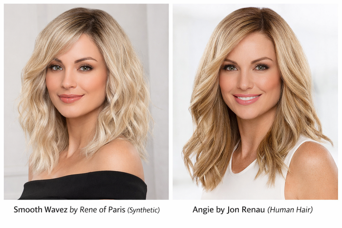 Women wearing synthetic wig and human hair wig side by side