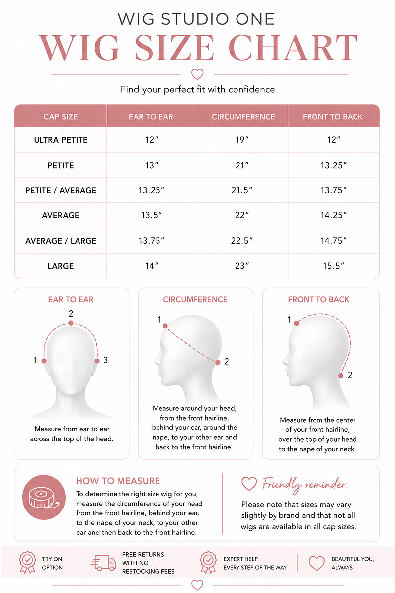 Wig size chart with measurement instructions for ear-to-ear, circumference, and front-to-back head dimensions.