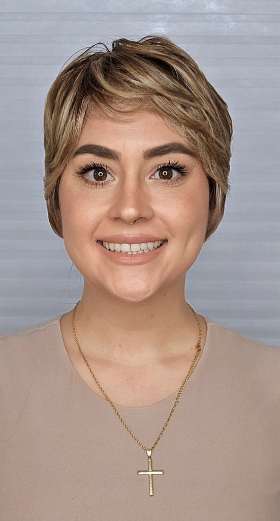 Mackenzie wearing Camille in color Shadow Champagne Luxe