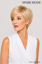 Spark Mode synthetic lace front pixie wig in Champagne, featuring side-swept bangs and tapered nape.
