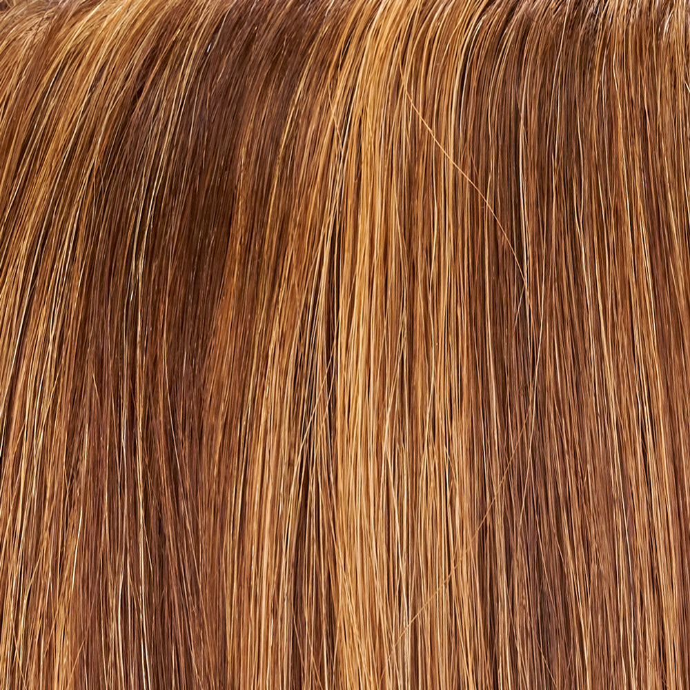 Close-up of straight, glossy brown and auburn hair strands with subtle highlights.