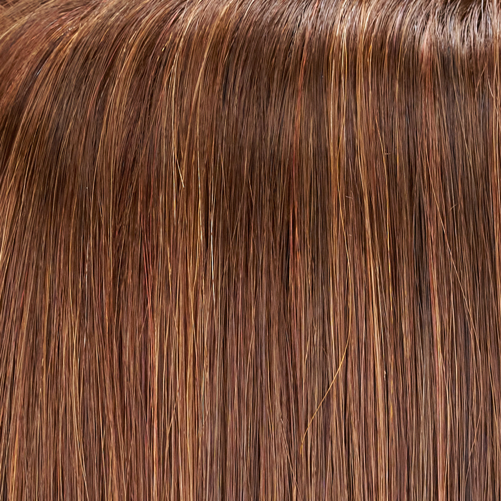 Close-up of straight, glossy brown hair with subtle auburn and golden highlights.