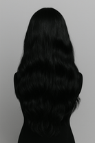 Mannequin wearing a black 24 inch wig, back