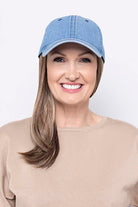 Woman wearing Long Hat Denim by Henry Margu in 8/27/33H | Front hair pulled to side over shoulder