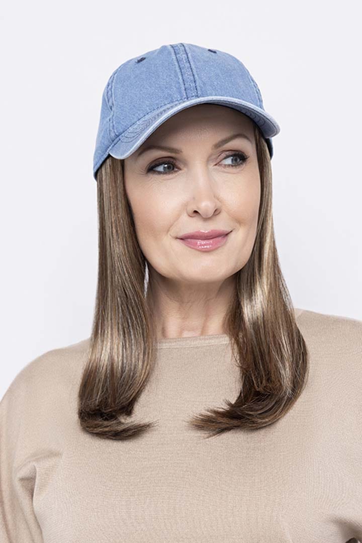 Woman wearing Long Hat Denim by Henry Margu in 8/27/33H | Front looking to side