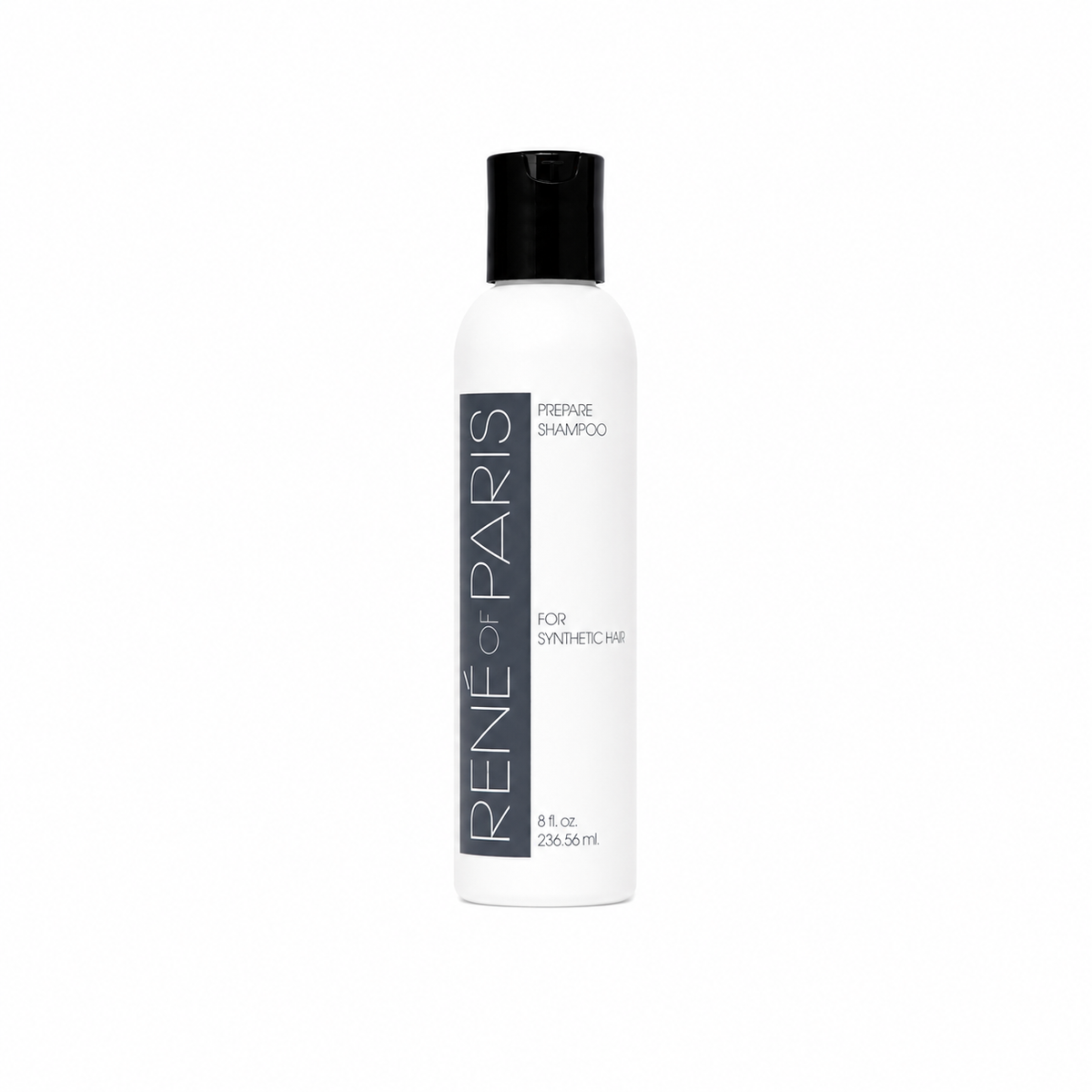 A white bottle of Rene Paris Prepare Shampoo for Synthetic Hair, featuring a black cap and a dark gray vertical label on the front, set against a plain white background.