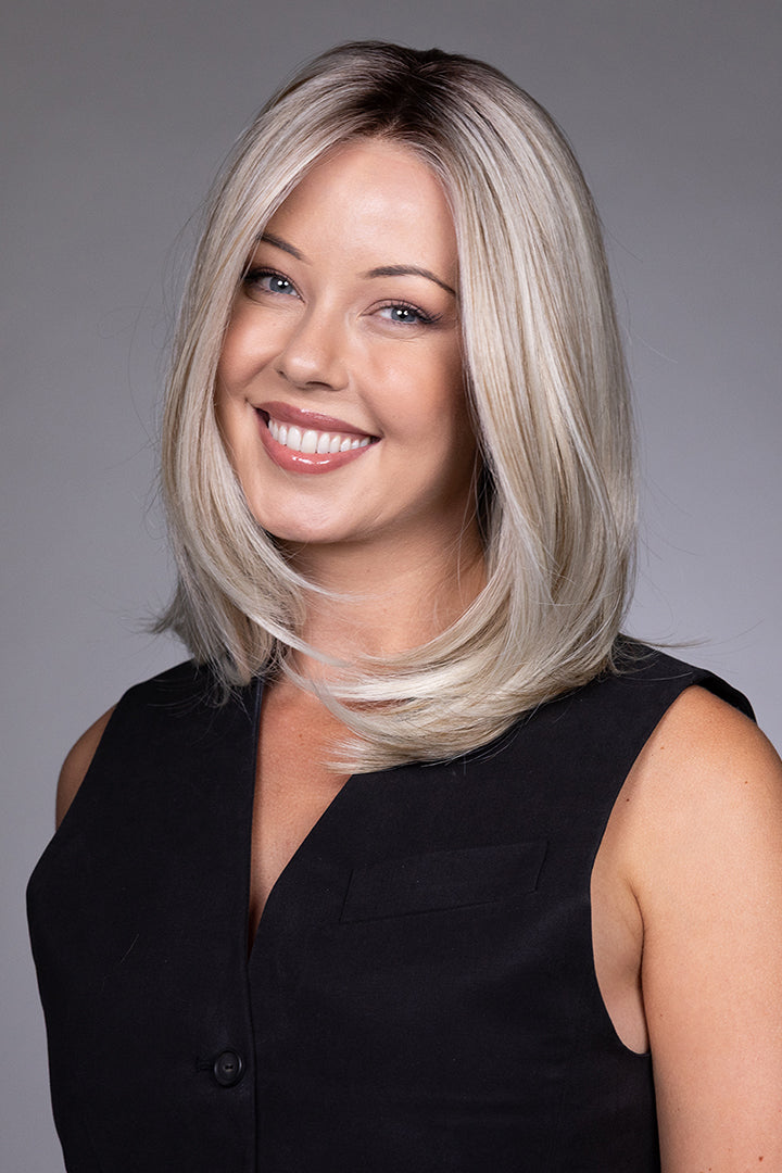 Adriana by Belle Tress layered blonde bob wig with lace front and monofilament top.