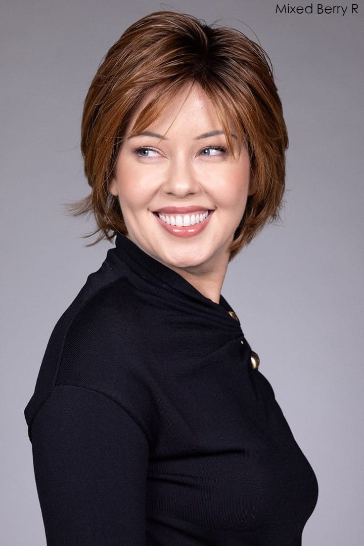 Model is wearing Andrews Wig by Belle Tress in Mixed Berry-R | Front