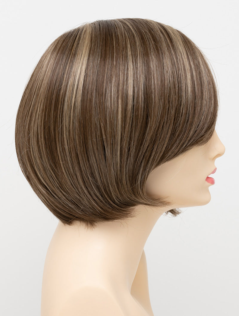 Abbey human hair blend wig by Envy displayed on a mannequin head in side profile against a white background - color Almond Breeze