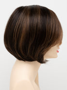Abbey human hair blend wig by Envy displayed on a mannequin head in side profile against a white background - color Amaretto Cream