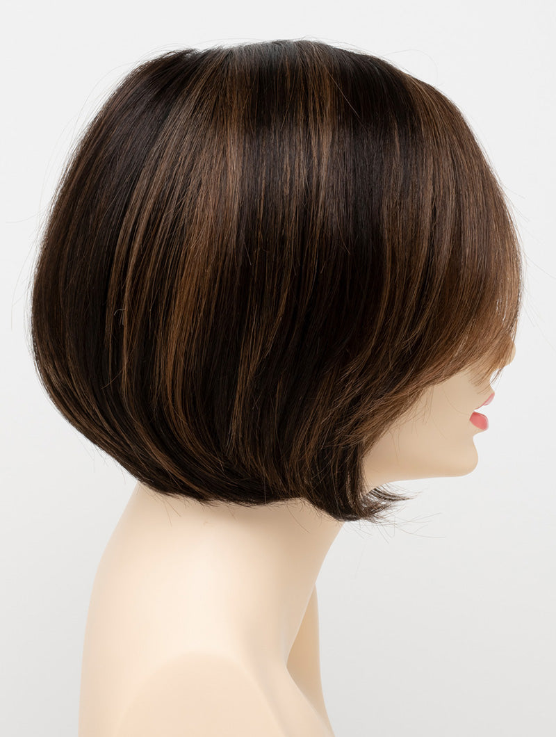 Abbey human hair blend wig by Envy displayed on a mannequin head in side profile against a white background - color Amaretto Cream