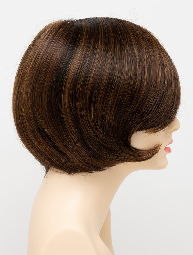 Abbey human hair blend wig by Envy displayed on a mannequin head in side profile against a white background - color Chocolate Caramel
