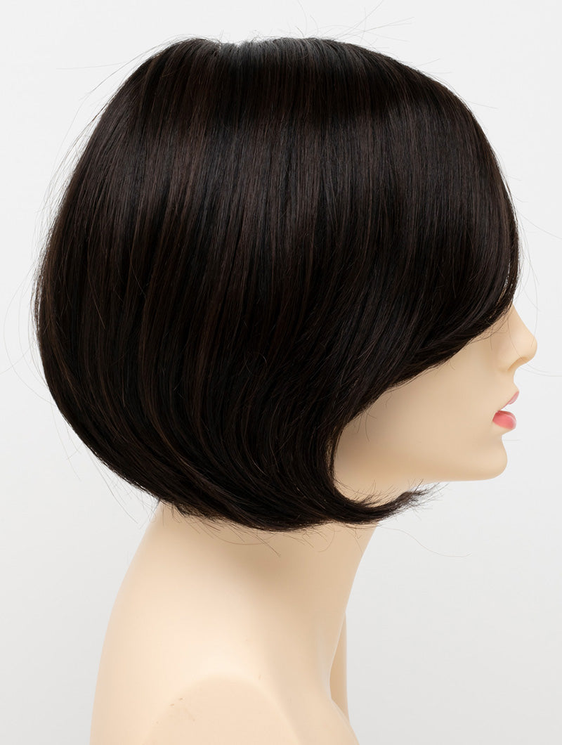 Abbey human hair blend wig by Envy displayed on a mannequin head in side profile against a white background - color Dark Brown