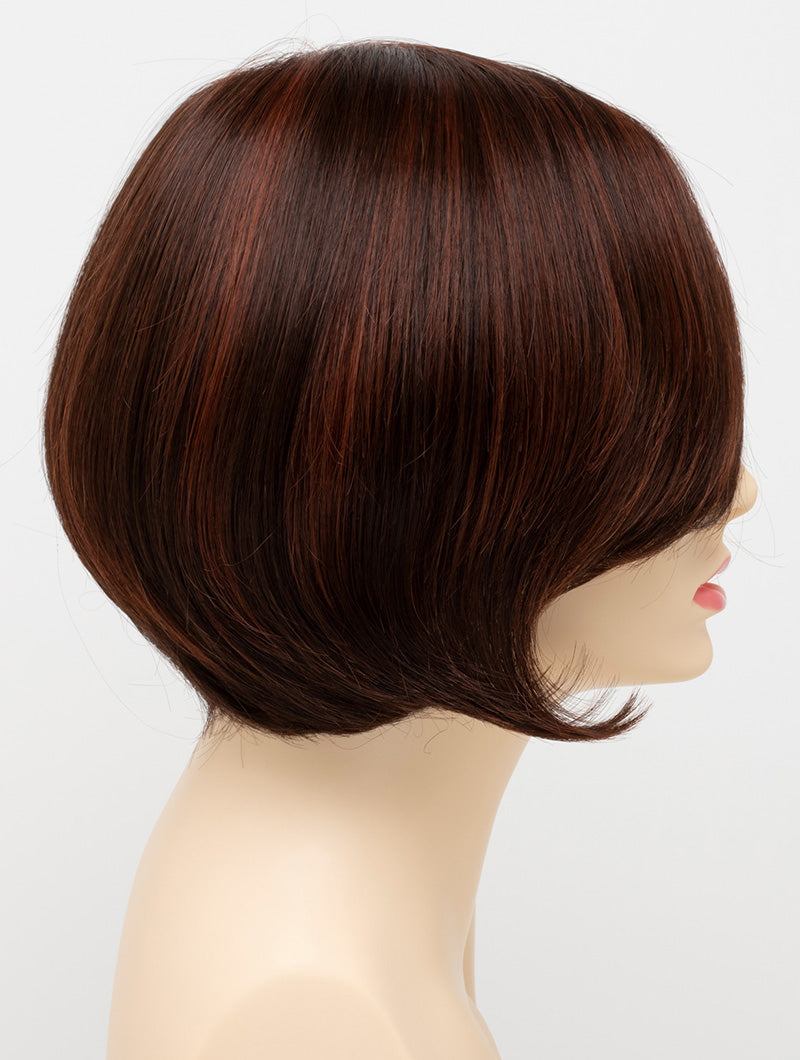 Abbey human hair blend wig by Envy displayed on a mannequin head in side profile against a white background - color Dark Red