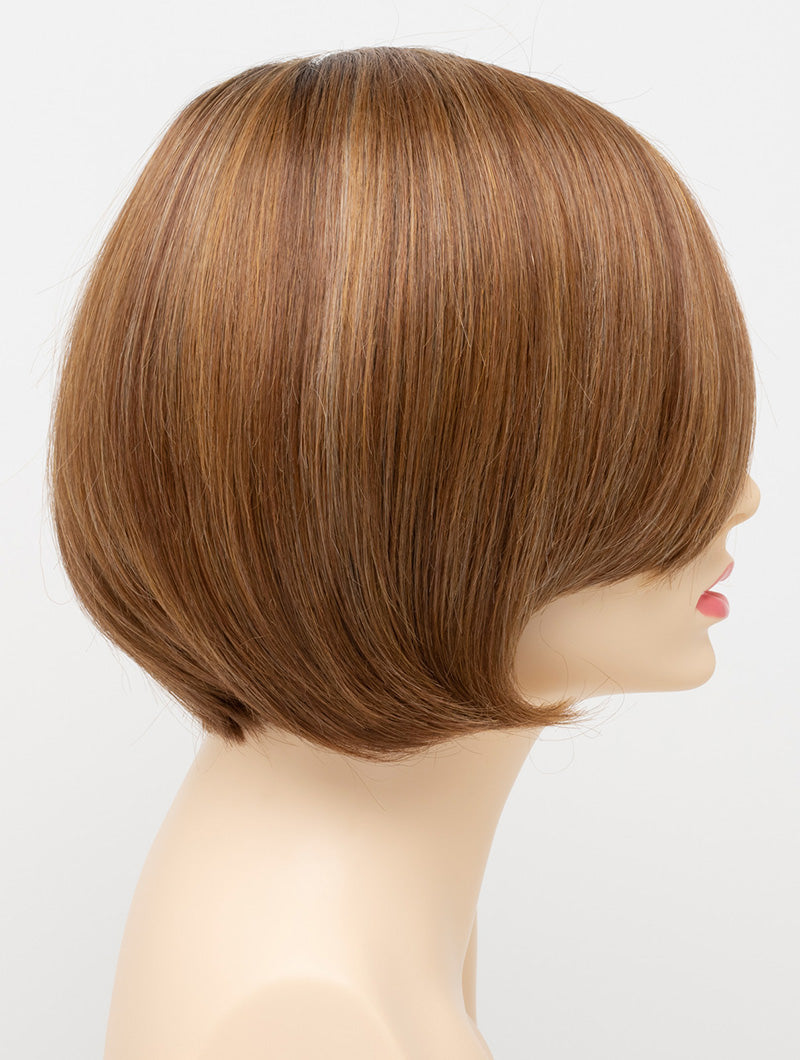 Abbey human hair blend wig by Envy displayed on a mannequin head in side profile against a white background - color Golden Nutmeg