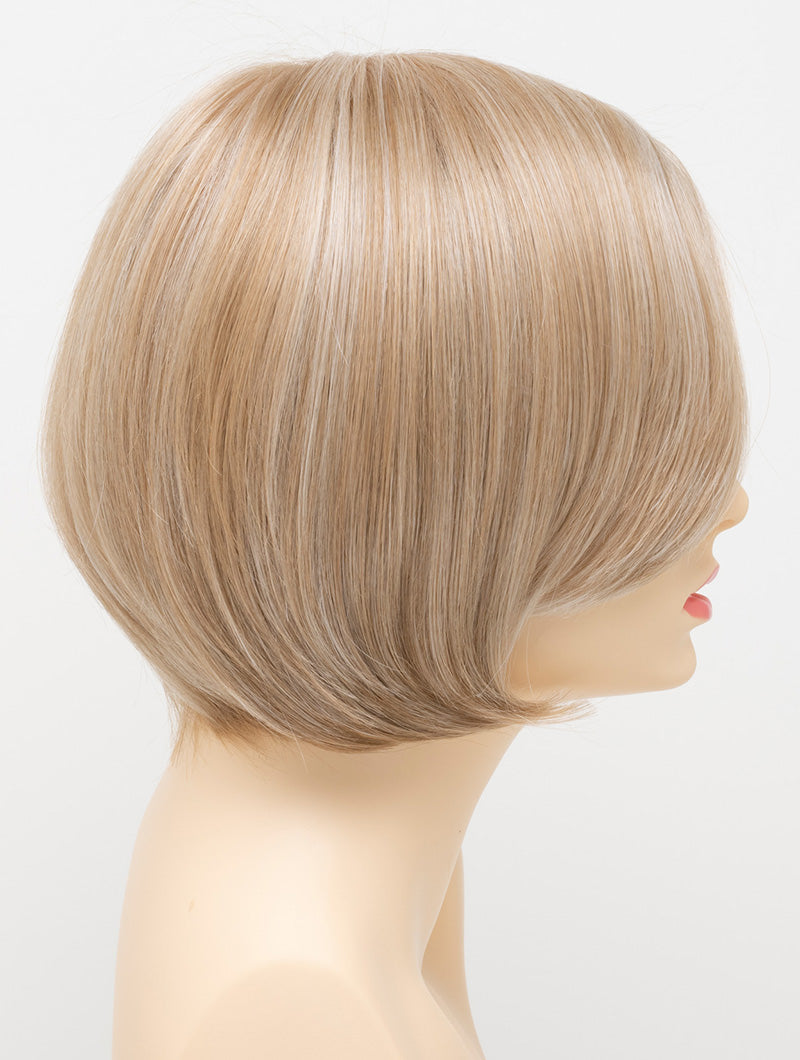 Abbey human hair blend wig by Envy displayed on a mannequin head in side profile against a white background - color Light Blonde
