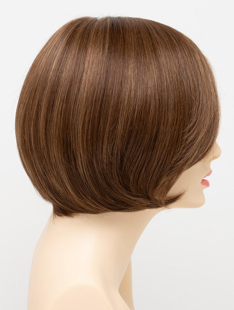 Abbey human hair blend wig by Envy displayed on a mannequin head in side profile against a white background - color Light Brown