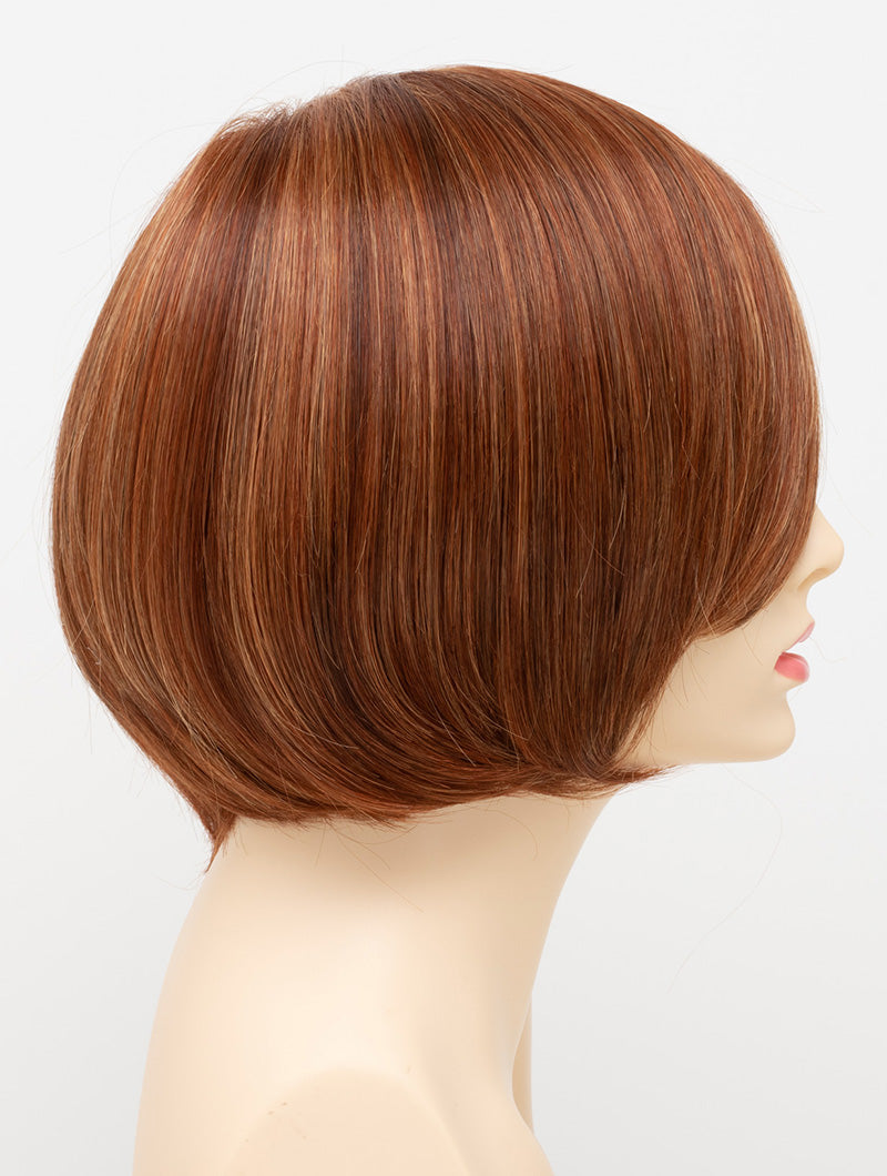Abbey human hair blend wig by Envy displayed on a mannequin head in side profile against a white background - color Lighter Red