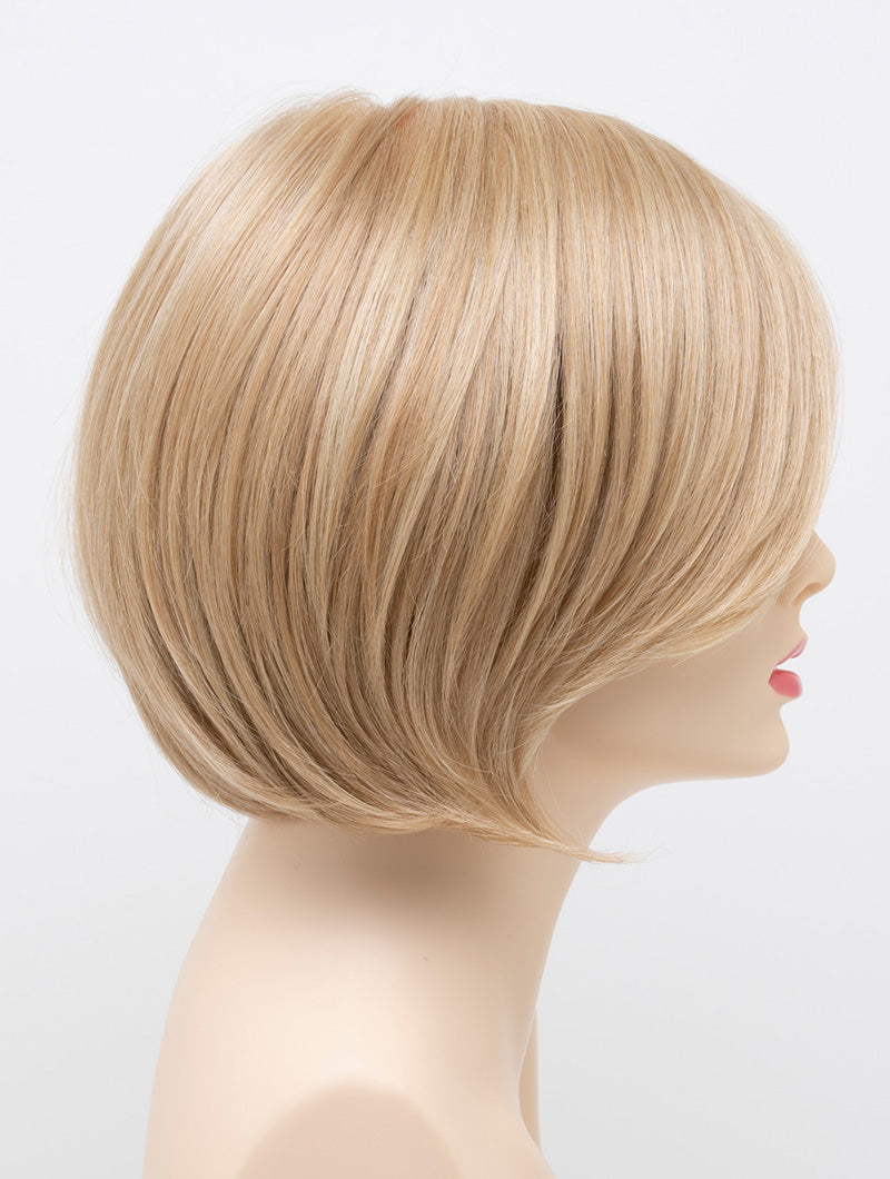 Abbey human hair blend wig by Envy displayed on a mannequin head in side profile against a white background - color Medium Blonde