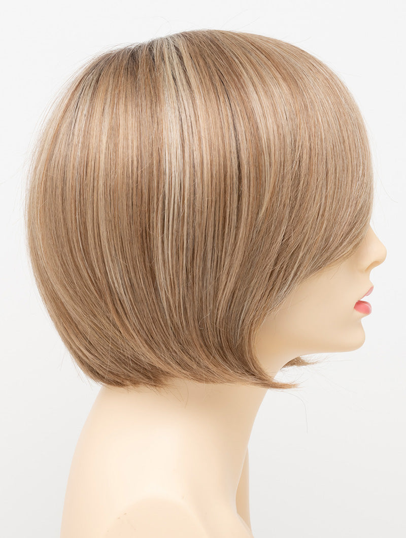 Abbey human hair blend wig by Envy displayed on a mannequin head in side profile against a white background - color Sparkling Champagne