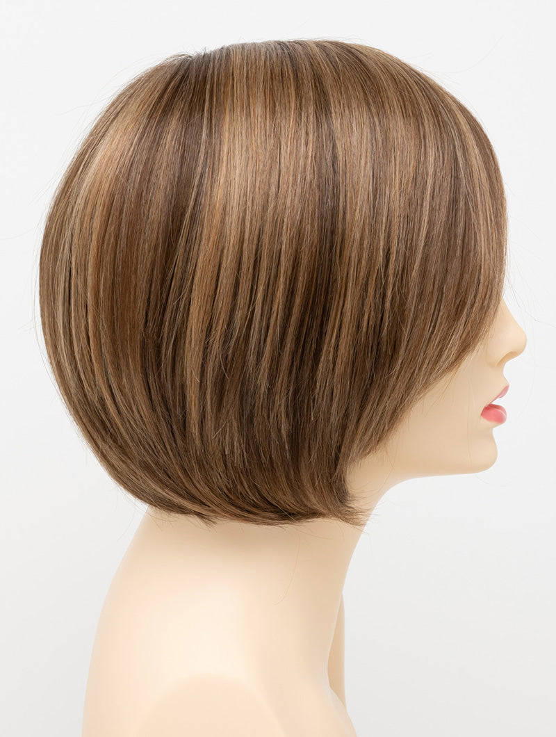 Abbey human hair blend wig by Envy displayed on a mannequin head in side profile against a white background - color Toasted Sesame