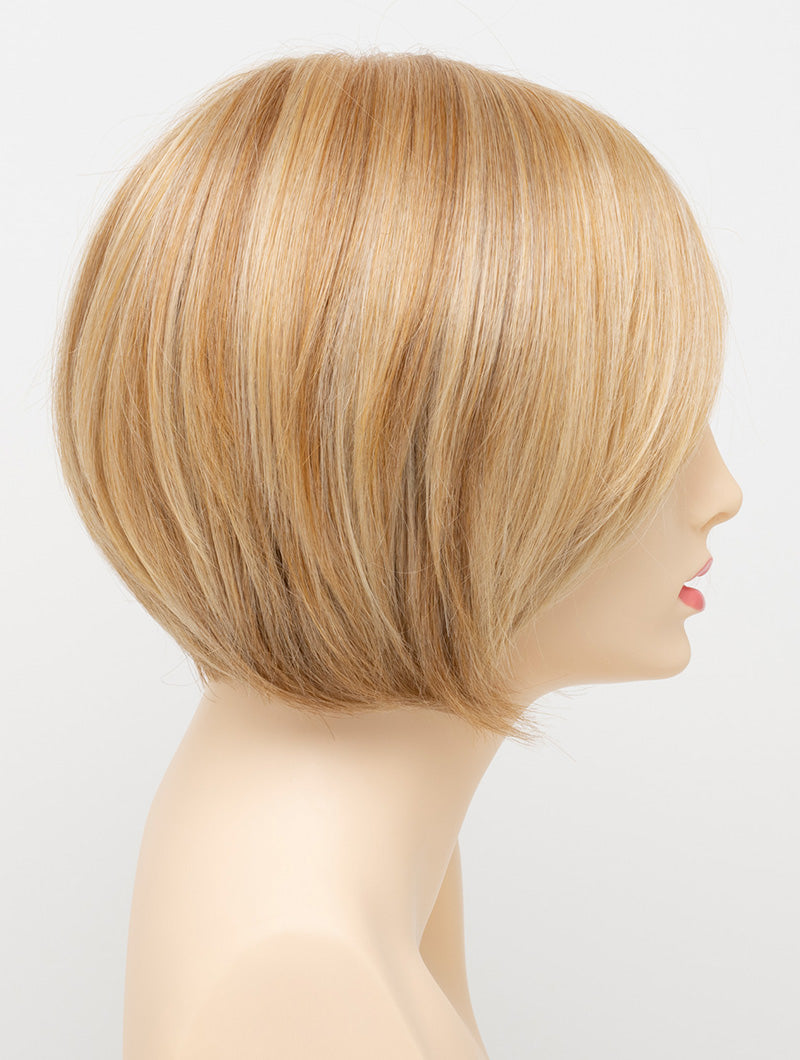 Abbey human hair blend wig by Envy displayed on a mannequin head in side profile against a white background - color Vanilla Butter