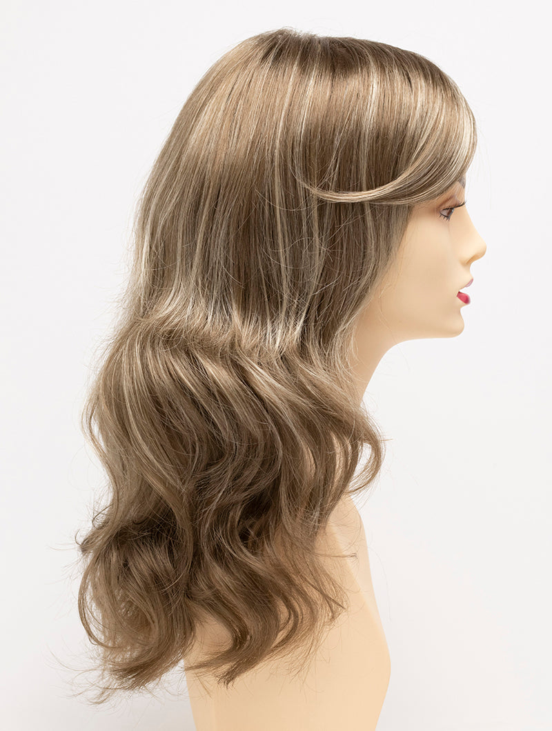 Alana synthetic wig by Envy on a mannequin head against a white background - color Almond Breeze