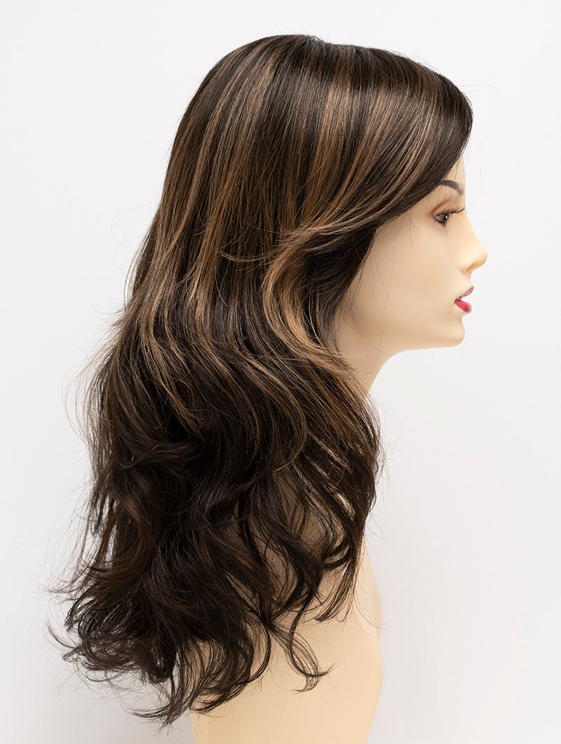 Alana synthetic wig by Envy on a mannequin head against a white background - color Amaretto Cream