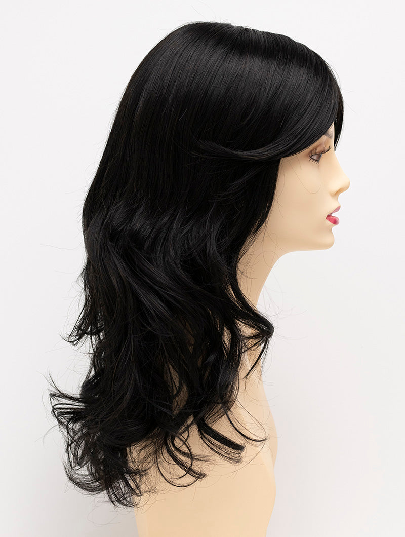 Alana synthetic wig by Envy on a mannequin head against a white background - color Black