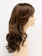 Alana synthetic wig by Envy on a mannequin head against a white background - color Chocolate Caramel