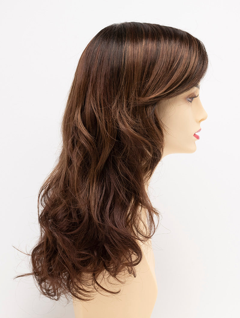 Alana synthetic wig by Envy on a mannequin head against a white background - color Cinnamon Raisin