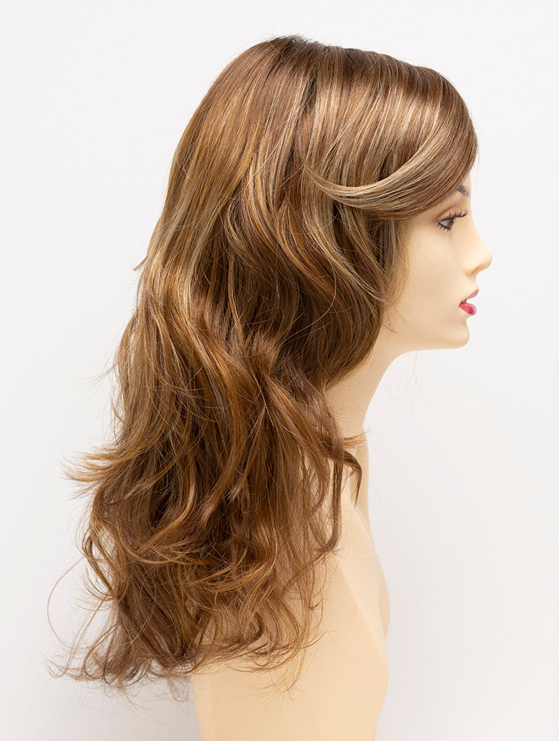 Alana synthetic wig by Envy on a mannequin head against a white background - color Creamed Coffee