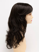 Alana synthetic wig by Envy on a mannequin head against a white background - color Dark Brown