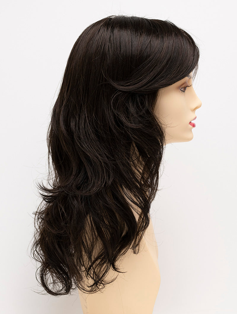 Alana synthetic wig by Envy on a mannequin head against a white background - color Dark Brown