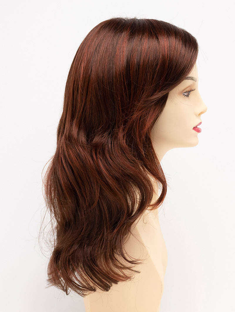 Alana synthetic wig by Envy on a mannequin head against a white background - color Dark Red