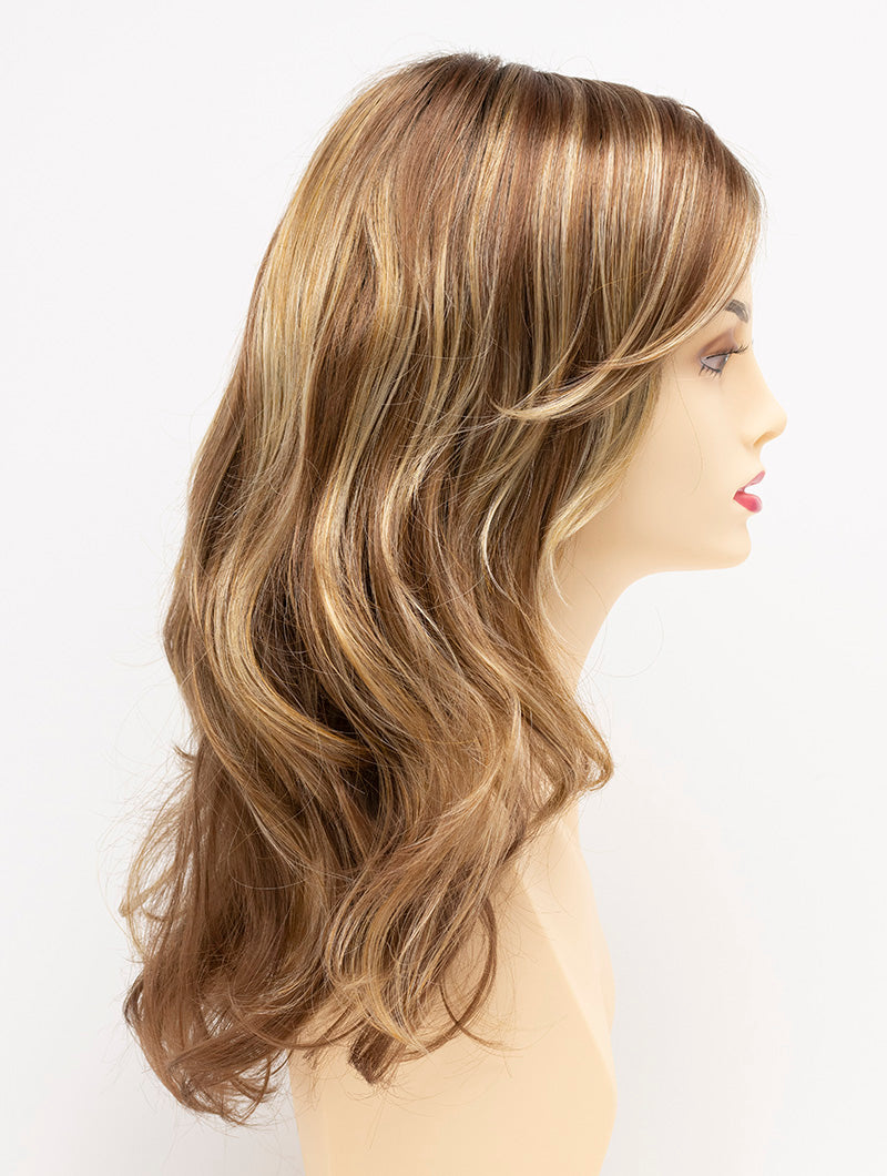 Alana synthetic wig by Envy on a mannequin head against a white background - color Golden Nutmeg