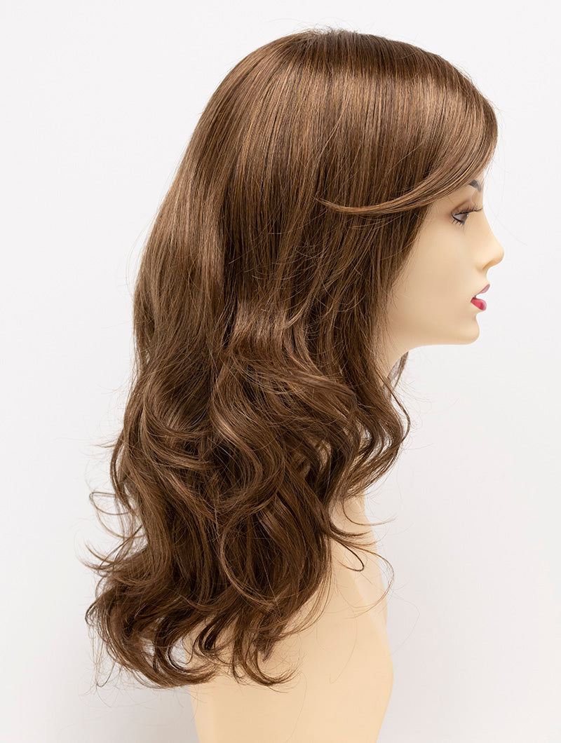 Alana synthetic wig by Envy on a mannequin head against a white background - color Light Brown