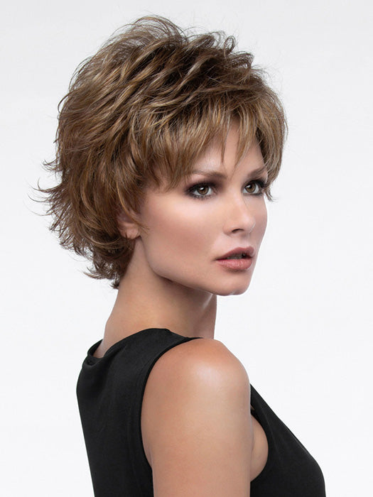 Alyssa by Envy layered shag synthetic wig in Golden Nutmeg, chocolate brown roots with strawberry and golden blonde – front view