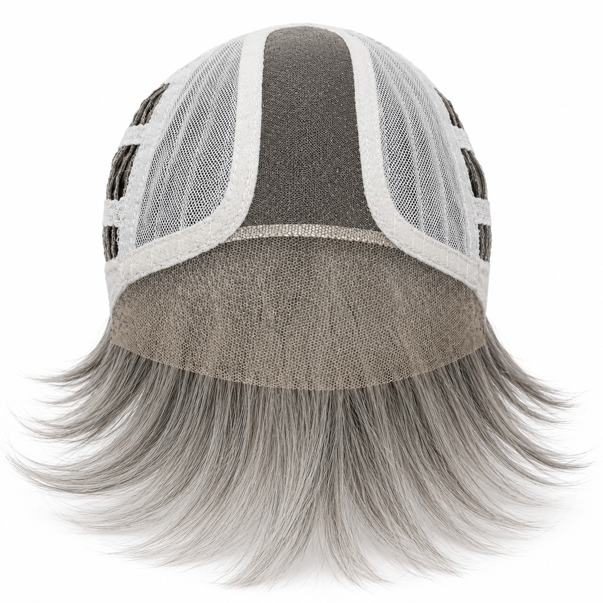 Ami by Noriko synthetic wig cap interior with lace front, mono part, and layered silver-grey hair fibers.