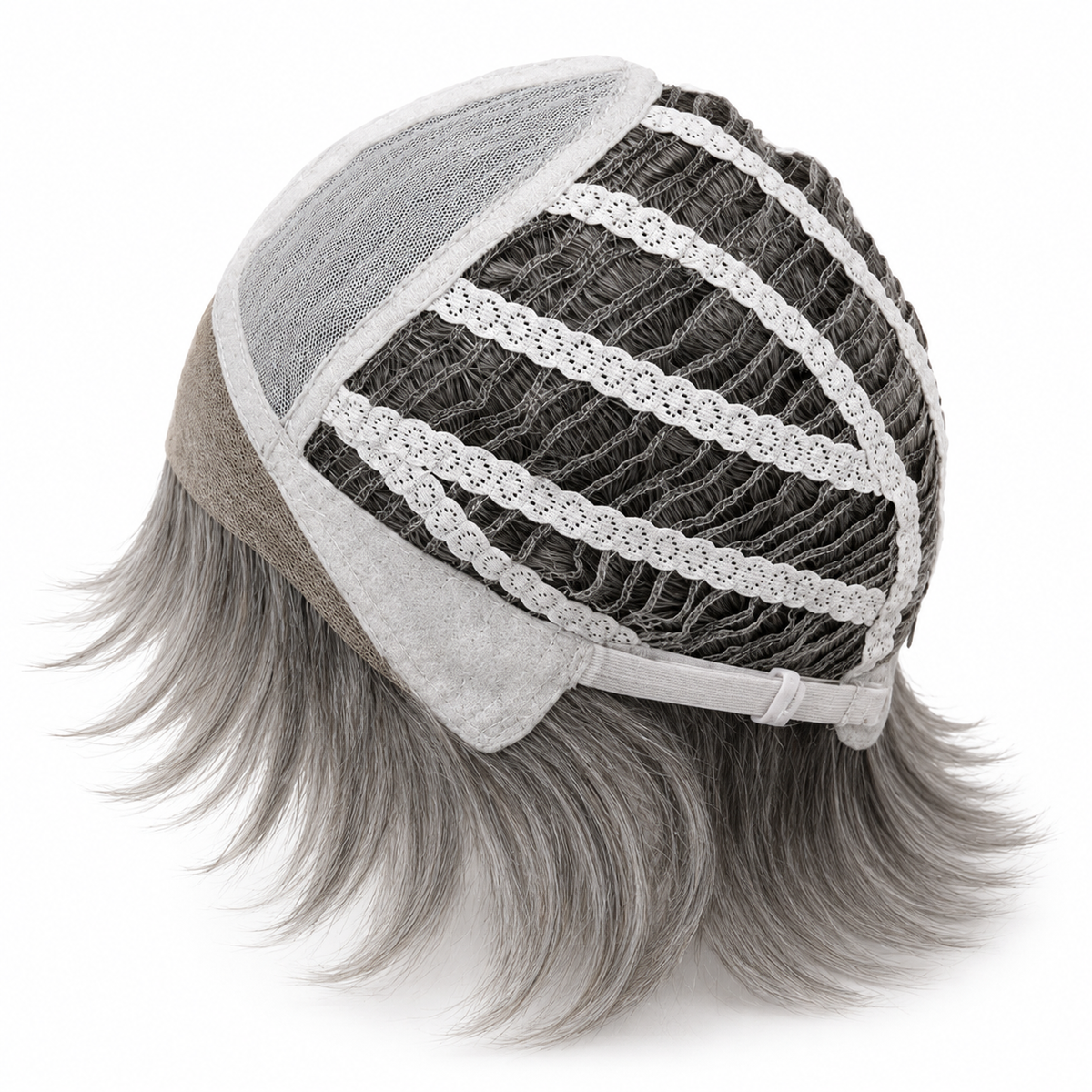 Interior view of Ami by Noriko synthetic wig showing lace front, mono part, and adjustable wefted cap construction.