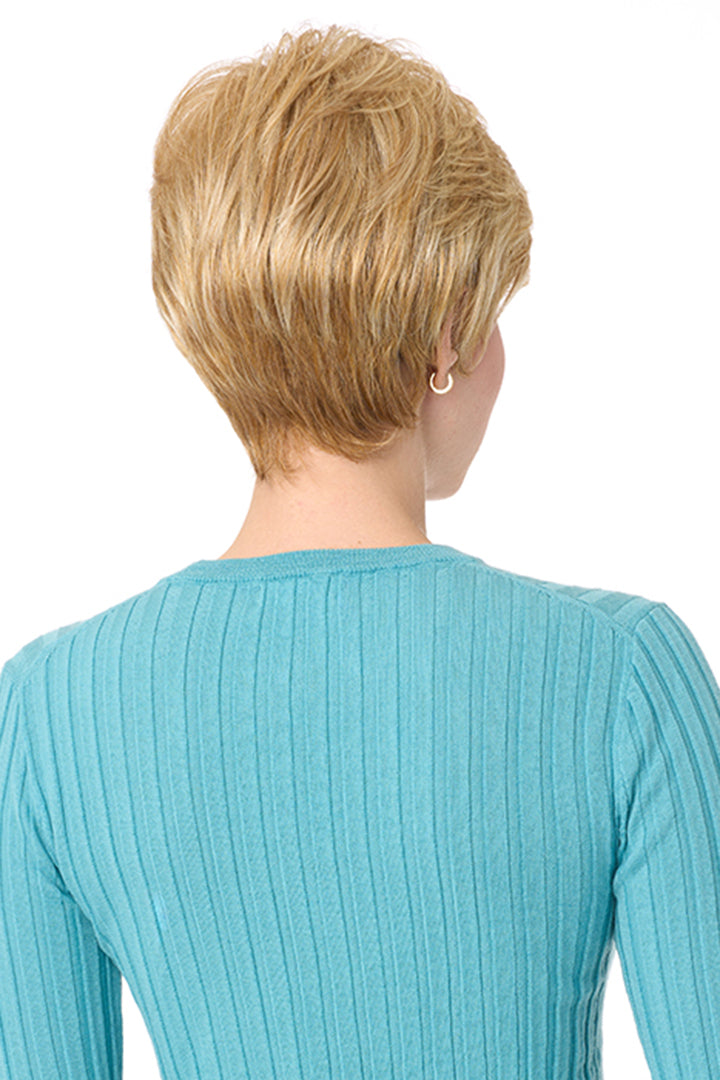 Back view of a short, layered blonde synthetic pixie wig with a cropped nape.