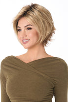 Angie by Envy short layered synthetic wig in a blonde shade, featuring a lace front and mono top.