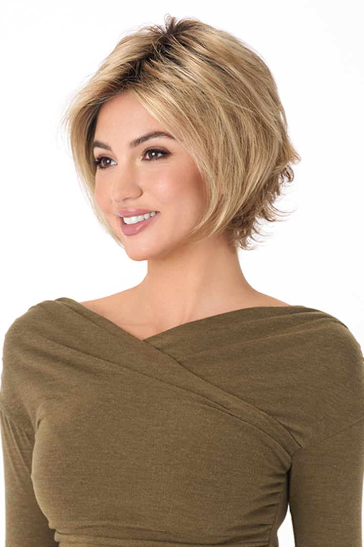 Angie by Envy short layered synthetic wig in a blonde shade, featuring a lace front and mono top.
