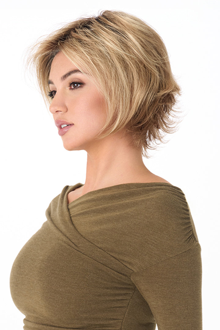 Angie by Envy short, layered synthetic lace front wig with a mono top, featuring a textured blonde bob.