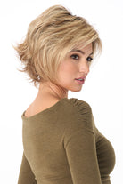 Angie by Envy synthetic lace front wig, short layered blonde bob with razored ends, mono top.