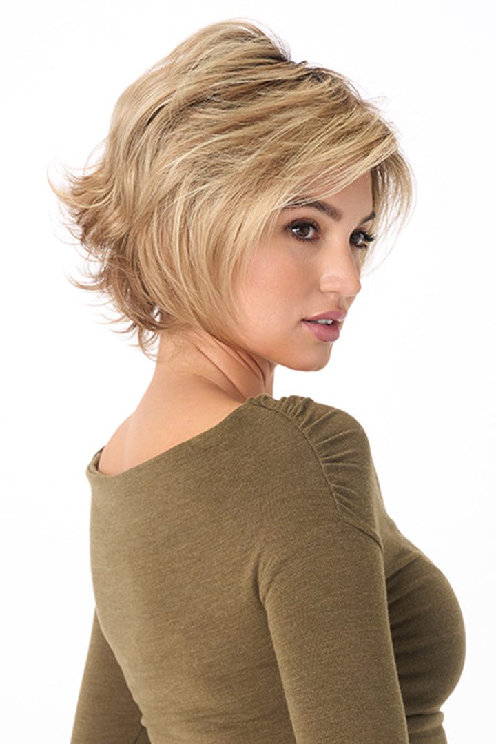 Angie by Envy synthetic lace front wig, short layered blonde bob with razored ends, mono top.