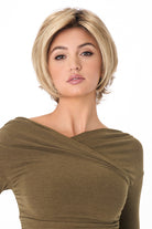 Angie by Envy short blonde synthetic lace front wig with layered bob cut and mono top.