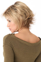 Angie by Envy short layered synthetic wig in a light blonde shade, featuring a lace front and mono top.