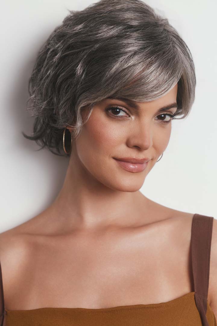 Asha synthetic pixie wig in grey with a lace front, side-swept fringe, and textured layers.