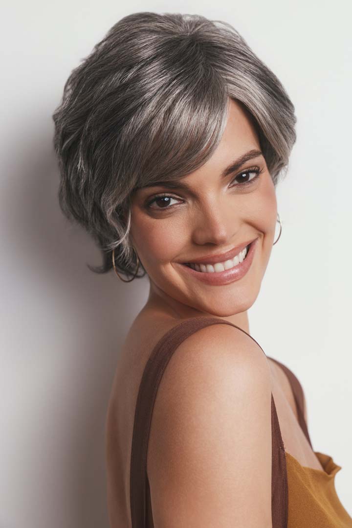 Asha synthetic pixie wig in grey with a lace front, side-swept fringe, and textured layers on a smiling woman.